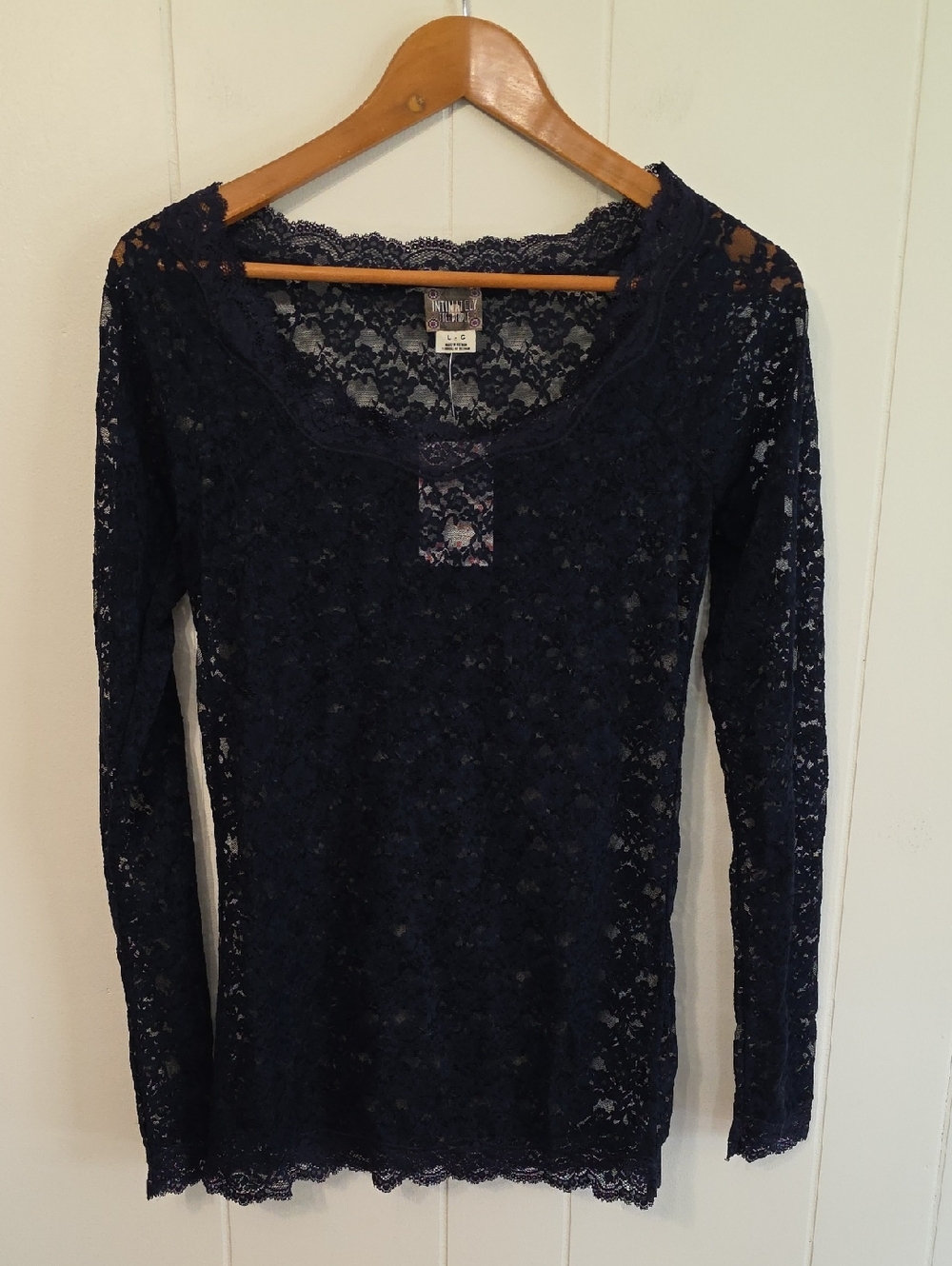 Free People Dark Blue Sheer Lace Layering Top Womens L NWT Whimsigoth Romantic